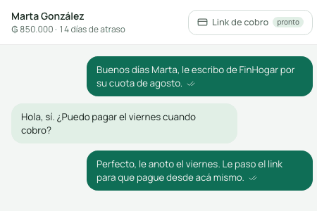 Link de cobro enviado dentro del chat, con la confirmación de pago de Bancard
